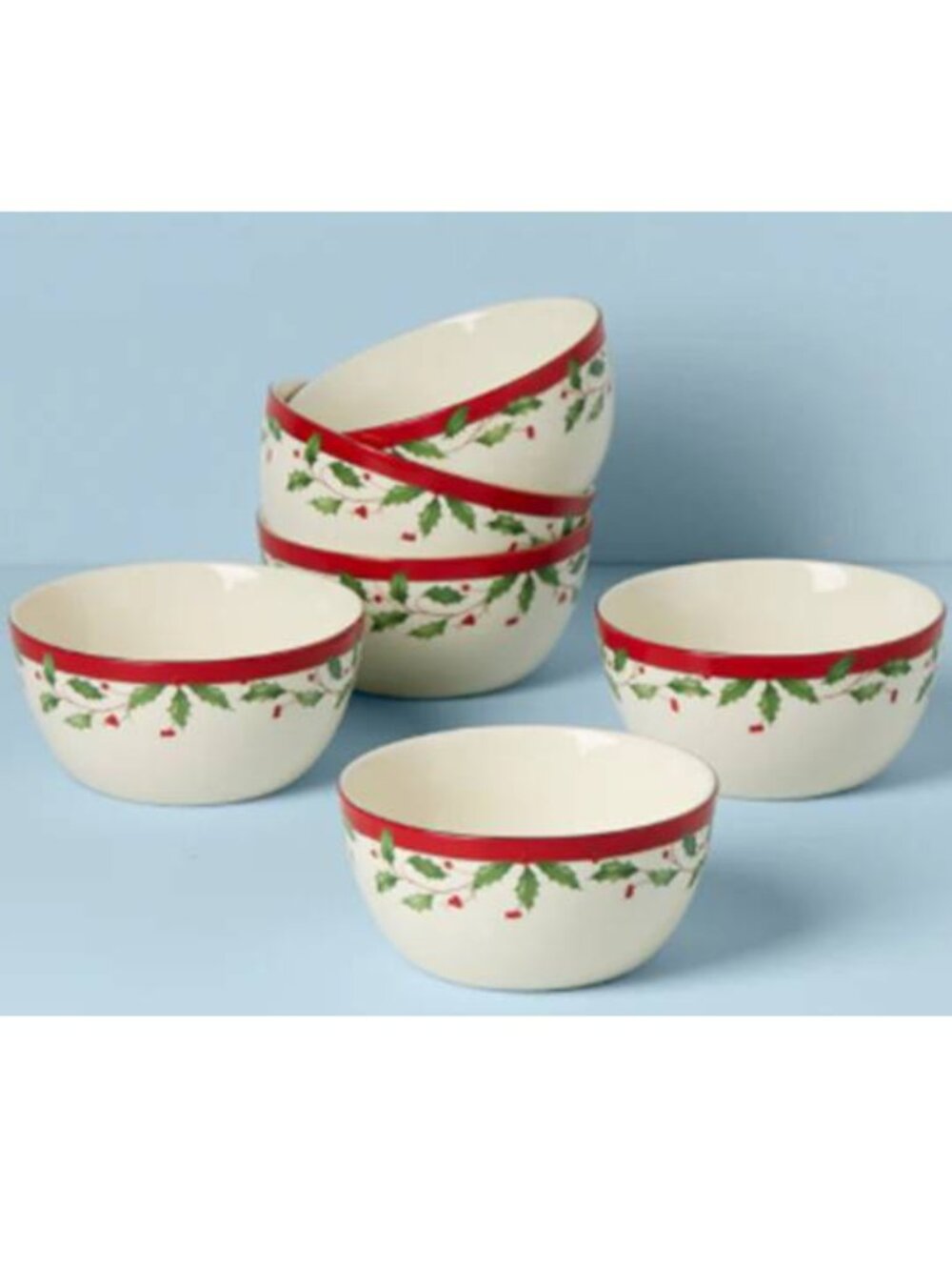 Lenox Holiday Accent Porcelain Dessert Bowls Classic Holly&Berry Motif Set of 6